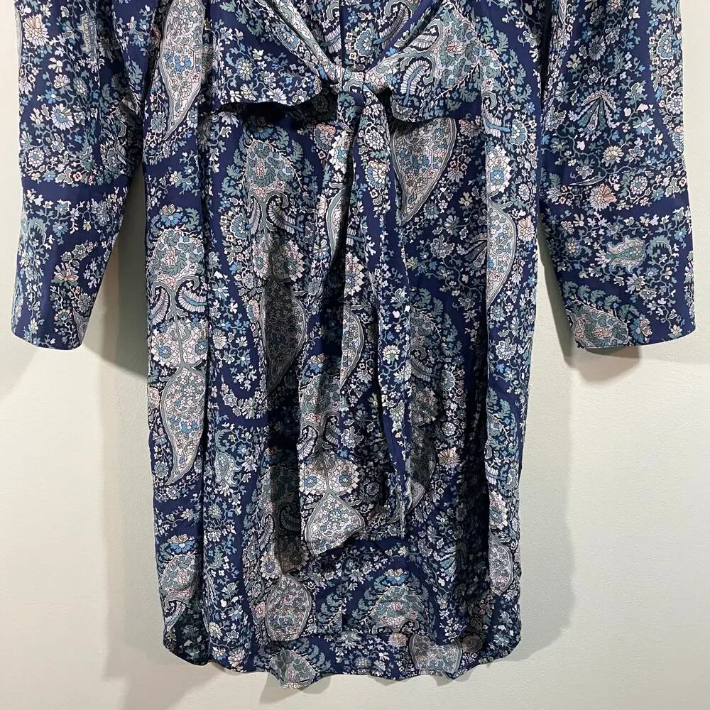 J.Crew Women Blue Paisley Tie-Front 100% Silk Shirt Dress Size 8 NWT #BB642